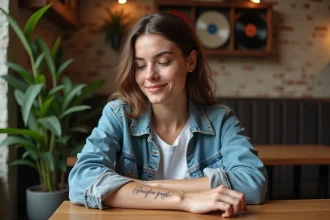Jeune femme avec tatouage musical sur le bras dans un café cosy