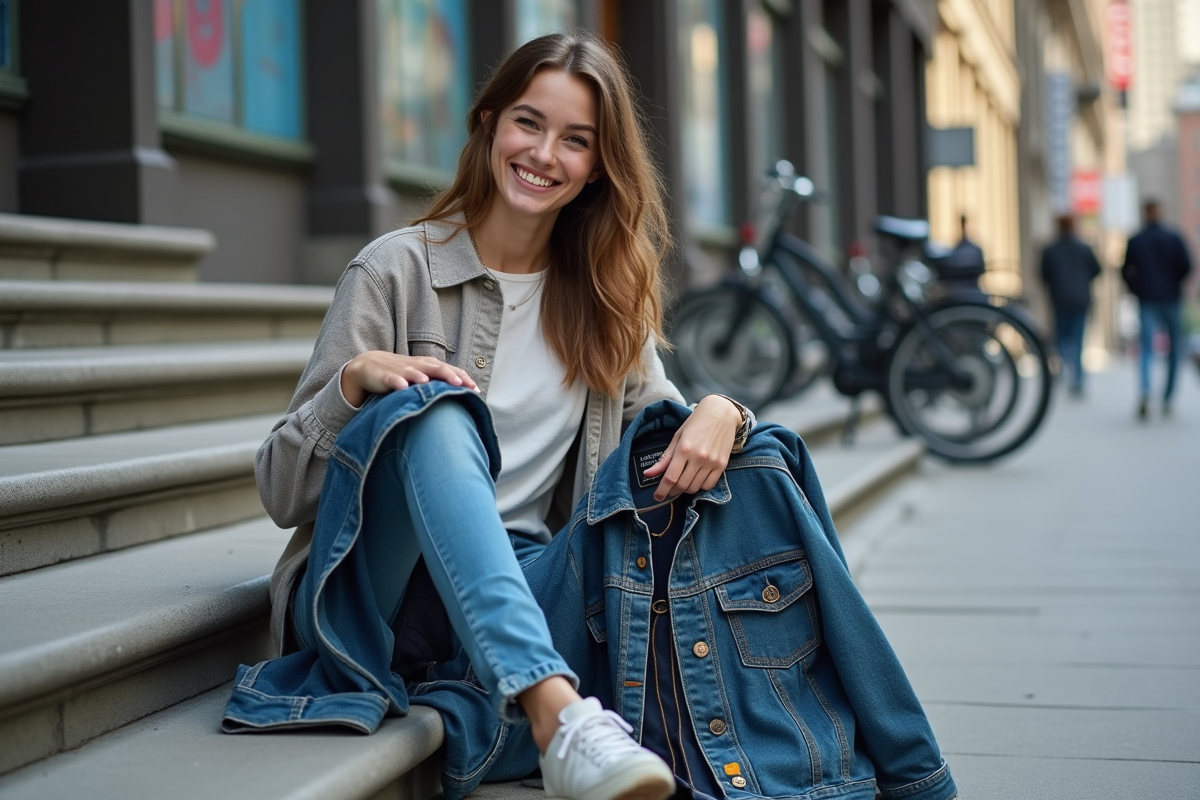 Jeune femme comparant deux vestes en milieu urbain