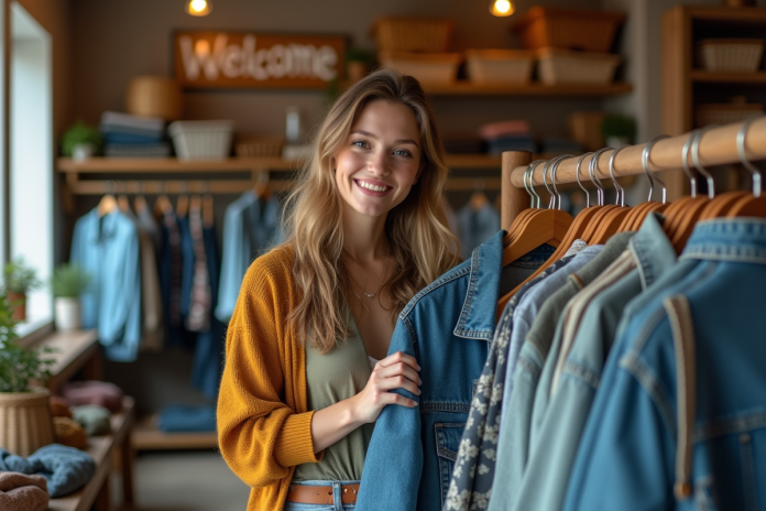 Jeune femme examine une veste en denim dans une friperie écologique