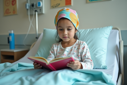 Jeune fille lisant un livre dans un lit d'hôpital