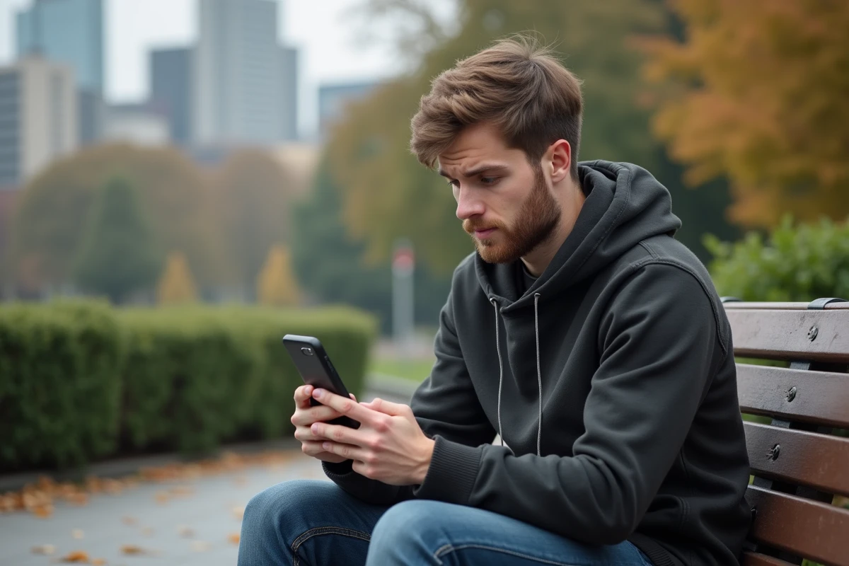 Jeune homme en ville regardant son téléphone avec méfiance après avoir reçu un appel suspect, arnaque téléphonique en milieu urbain