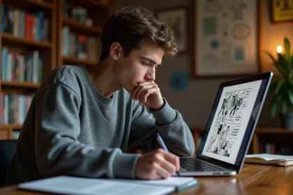 Jeune homme lisant manga sur ordinateur dans un bureau cosy
