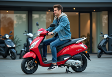 Comparatif des prix pour l’achat d’une moto Honda 50cc neuve en 2025 Jeune homme sur une moto rouge 50cc devant un concessionnaire
