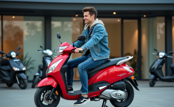 Comparatif des prix pour l’achat d’une moto Honda 50cc neuve en 2025 Jeune homme sur une moto rouge 50cc devant un concessionnaire