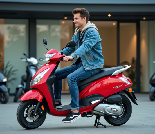 Comparatif des prix pour l’achat d’une moto Honda 50cc neuve en 2025 Jeune homme sur une moto rouge 50cc devant un concessionnaire