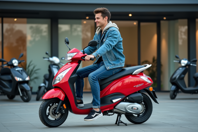 Jeune homme sur une moto rouge 50cc devant un concessionnaire