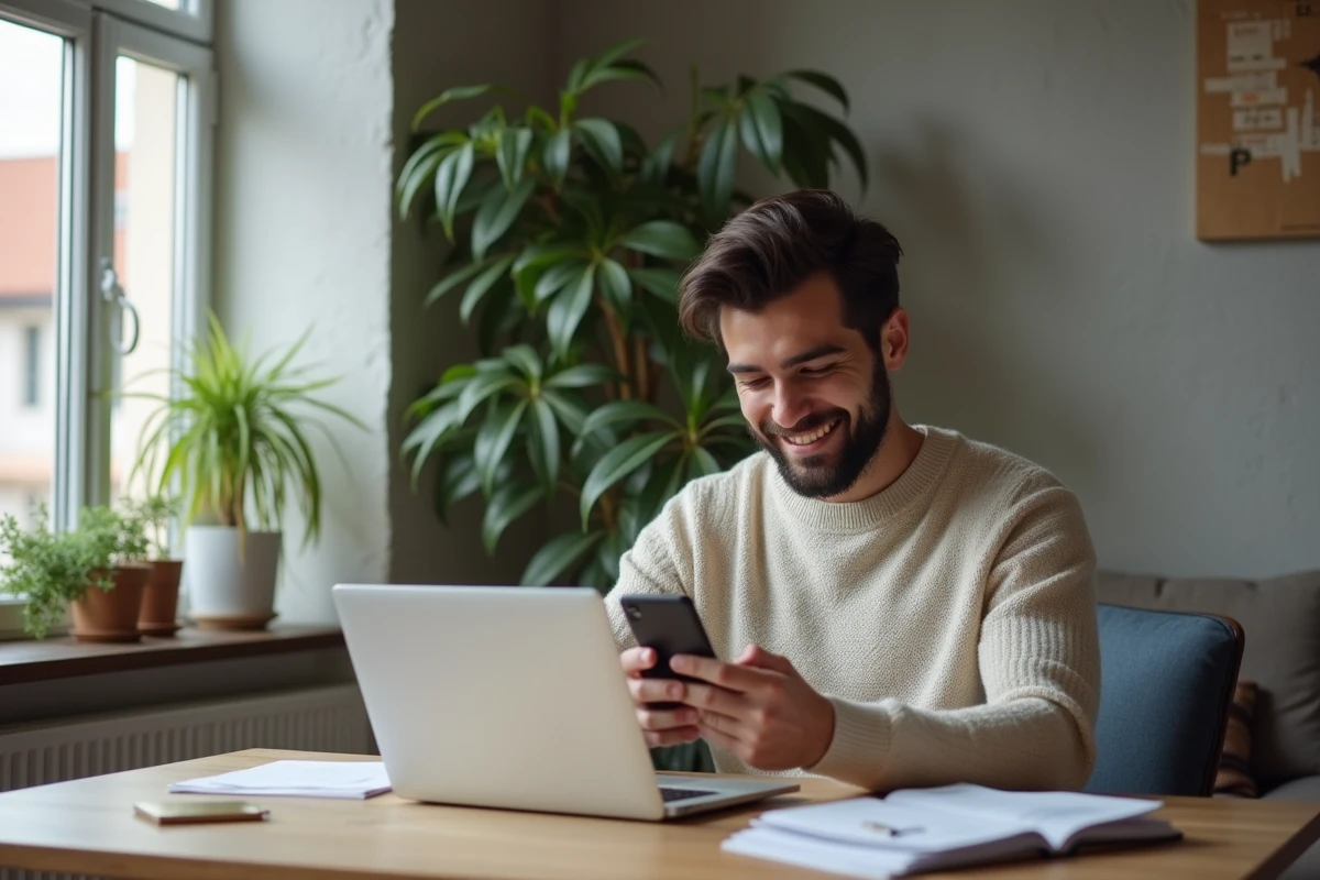 Jeune homme vérifiant son smartphone à la maison