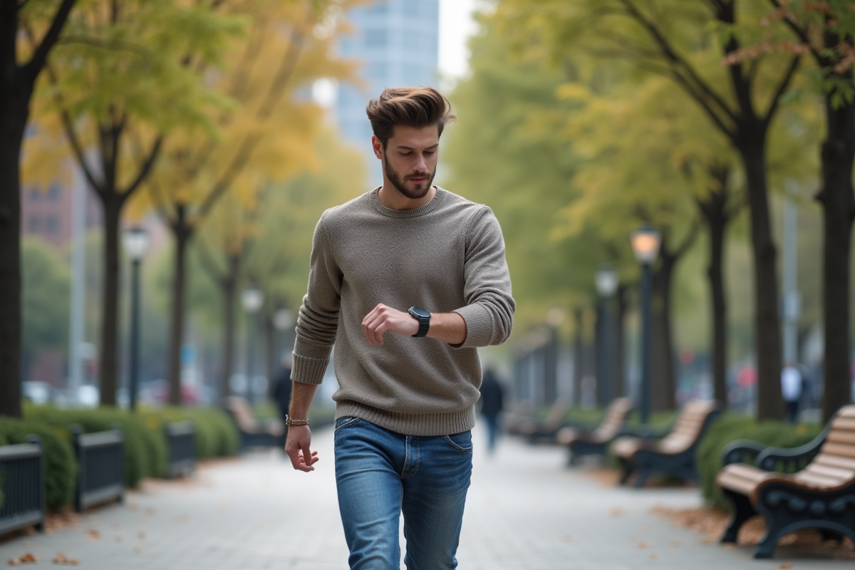 Jeune homme marchant dans un parc urbain regardant sa montre