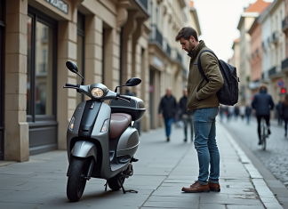 Sélectionner le scooter 50 cm³ deux temps idéal pour les trajets urbains Jeune homme examine un scooter 50cc en ville