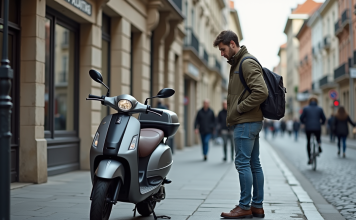 Sélectionner le scooter 50 cm³ deux temps idéal pour les trajets urbains Jeune homme examine un scooter 50cc en ville