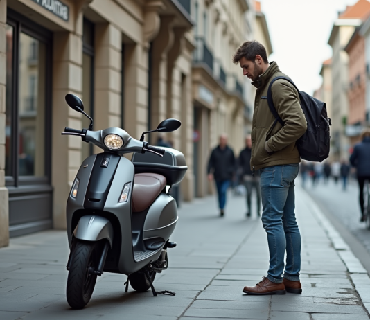 Sélectionner le scooter 50 cm³ deux temps idéal pour les trajets urbains Jeune homme examine un scooter 50cc en ville
