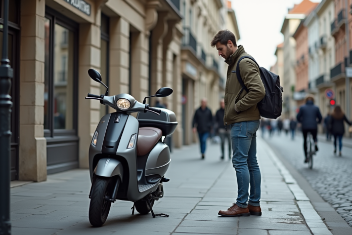 jeune-homme-scooter-urbain Jeune homme examine un scooter 50cc en ville