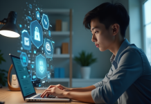 Jeune professionnel utilisant un ordinateur avec des bulles de chat et icônes IA