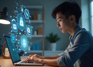 Utilisation des Chatgpt : avantages et limites à connaitre pour une décision éclairée Jeune professionnel utilisant un ordinateur avec des bulles de chat et icônes IA