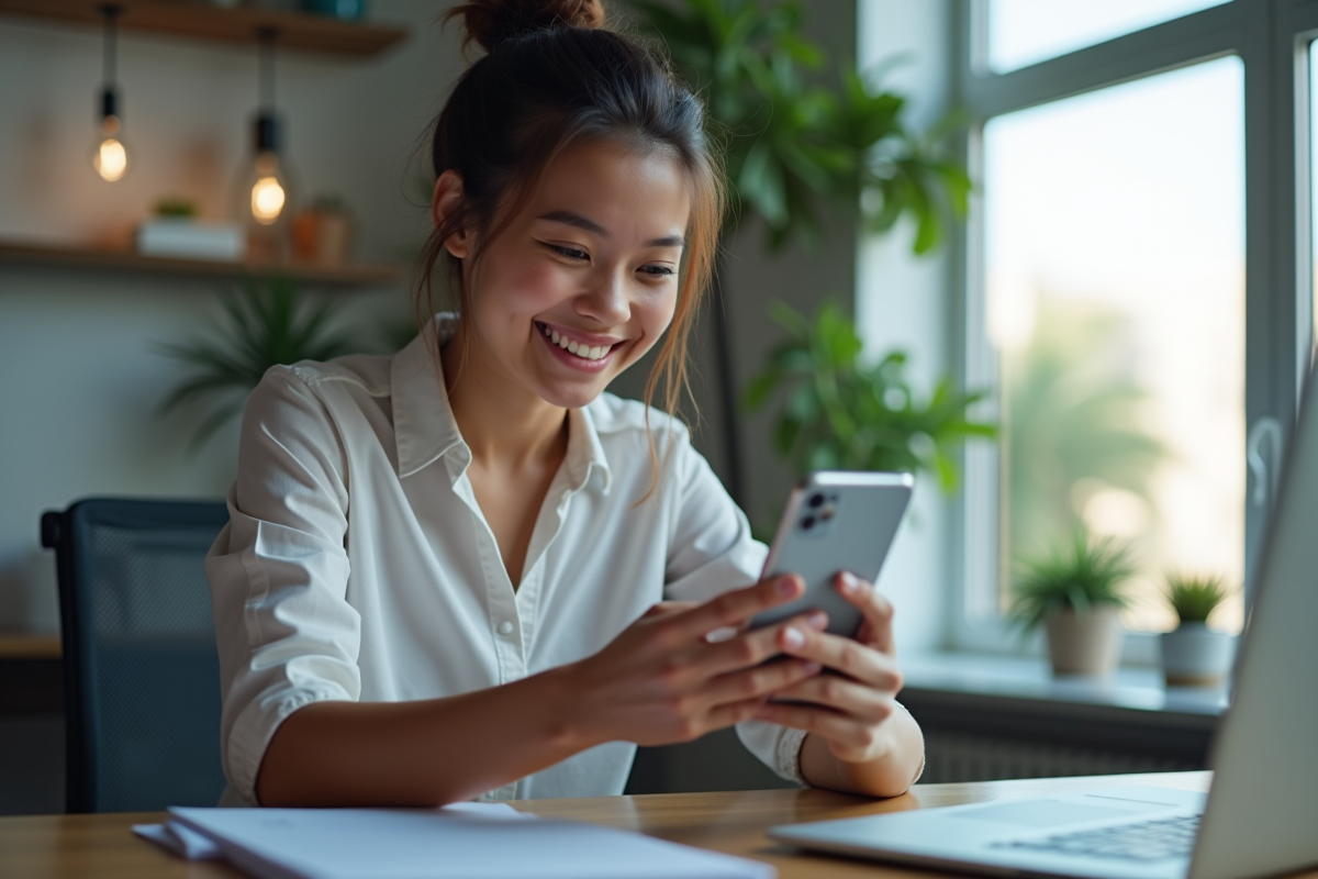 Jeune professionnel regardant son téléphone dans un bureau lumineux