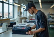 Jeune homme inspectant des t-shirts dans une usine moderne de textile