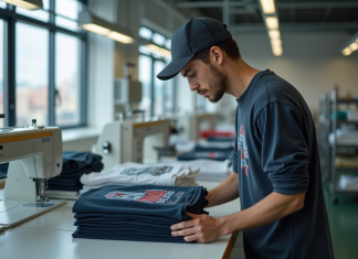 Origine de fabrication de la marque Stussy : lieux de production connus Jeune homme inspectant des t-shirts dans une usine moderne de textile
