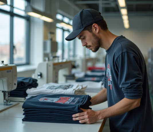 Origine de fabrication de la marque Stussy : lieux de production connus Jeune homme inspectant des t-shirts dans une usine moderne de textile