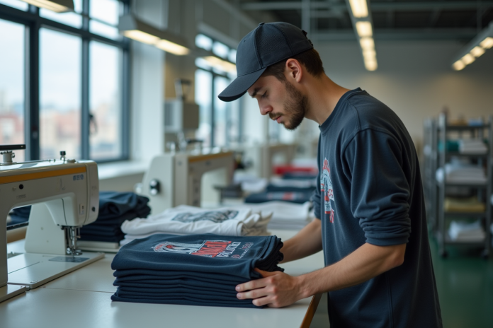 Jeune homme inspectant des t-shirts dans une usine moderne de textile