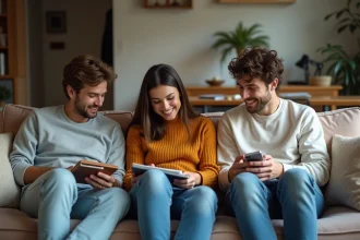 Trois jeunes adultes dans un salon partagé convivial