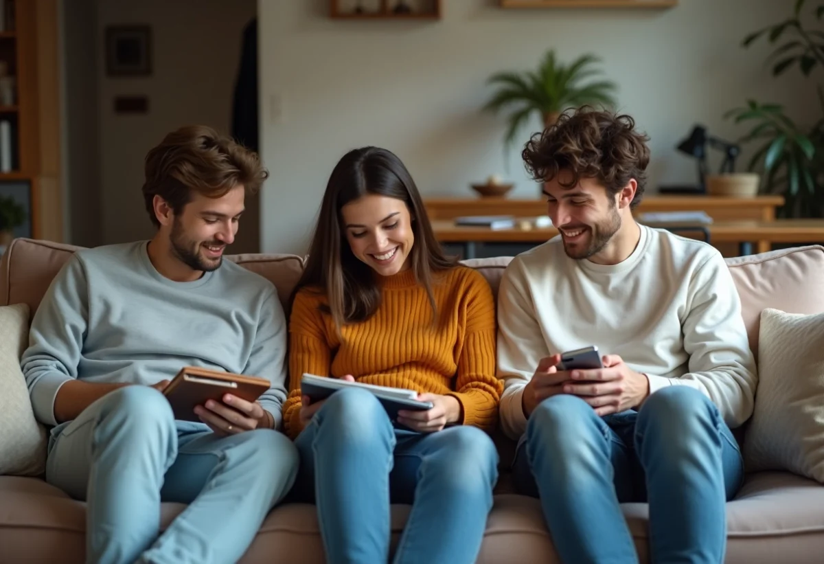 Trois jeunes adultes dans un salon partagé convivial