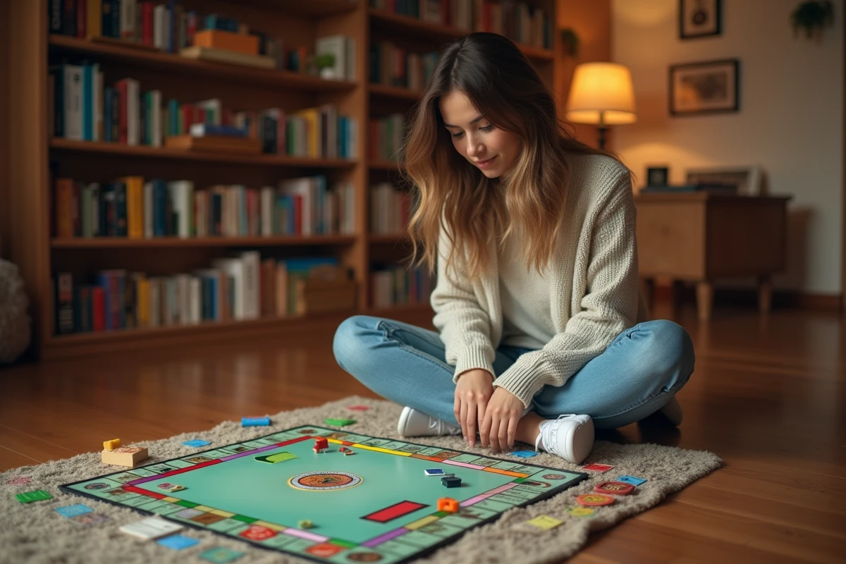 Jeune femme jouant au Monopoly sur le sol d'un salon, entourée de billets et de cartes de propriété colorées
