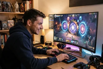 Joueur de Dofus concentré devant son écran affichant un portail dimensionnel dans un univers fantasy MMORPG