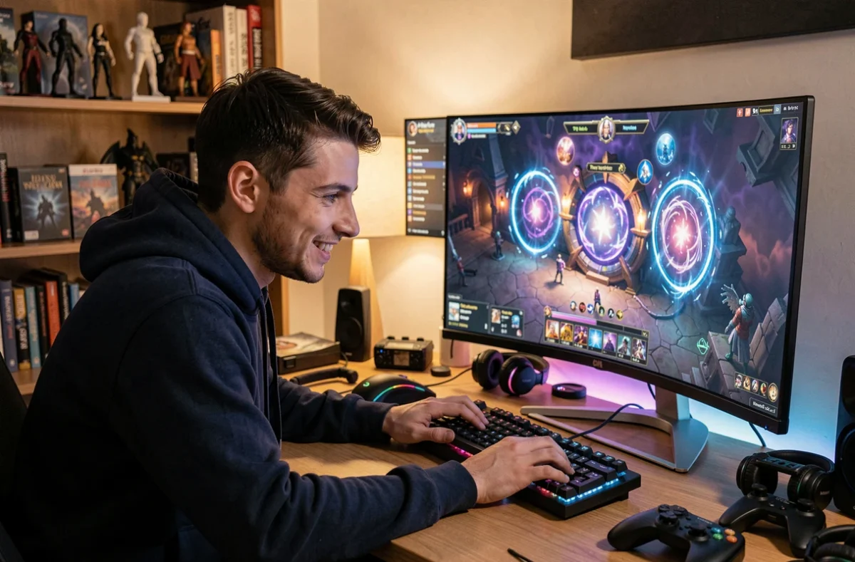 Joueur de Dofus concentré devant son écran affichant un portail dimensionnel dans un univers fantasy MMORPG