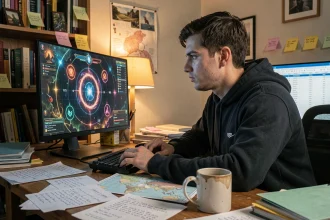 Joueur de Dofus concentré devant son écran avec des notes sur les portails et coordonnées de spots