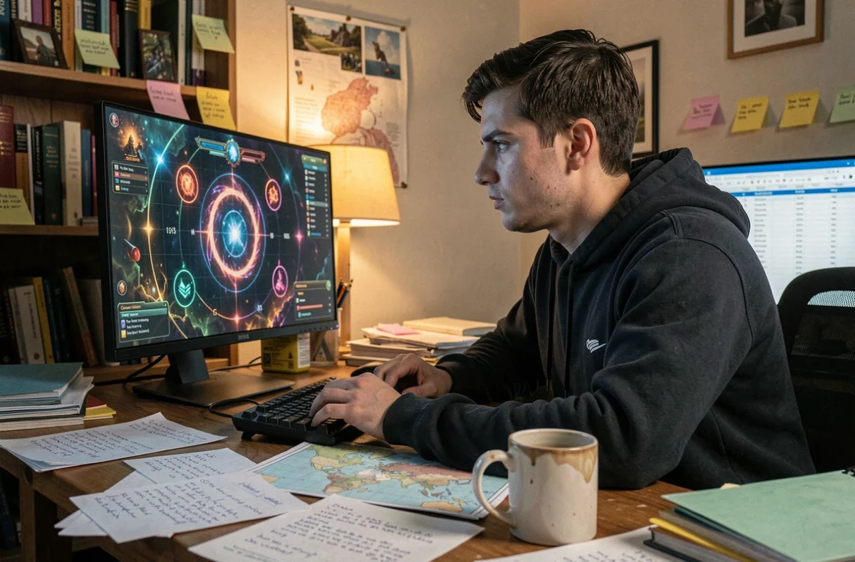 Joueur de Dofus concentré devant son écran avec des notes sur les portails et coordonnées de spots