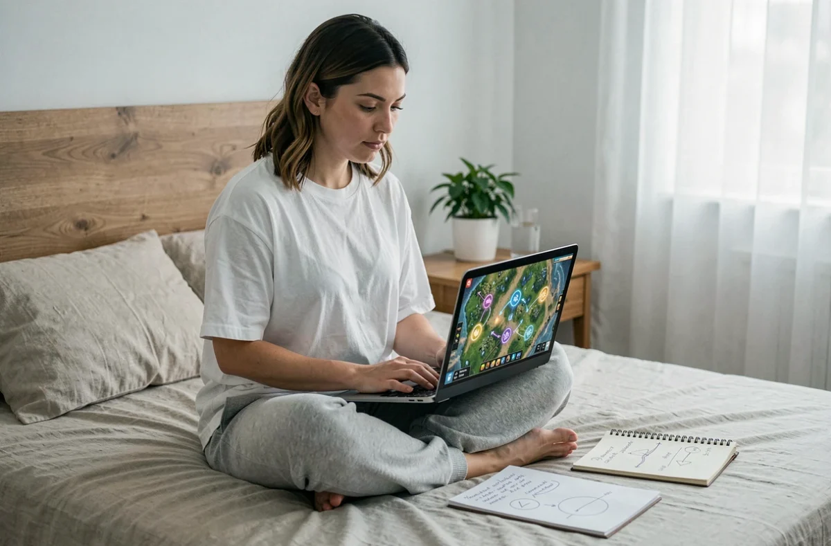 Joueuse de Dofus prenant des notes de stratégie sur son laptop pour optimiser le farming des dimensions divines