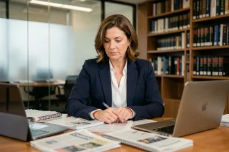 Journaliste professionnelle en blazer marine relisant ses articles dans une rédaction moderne