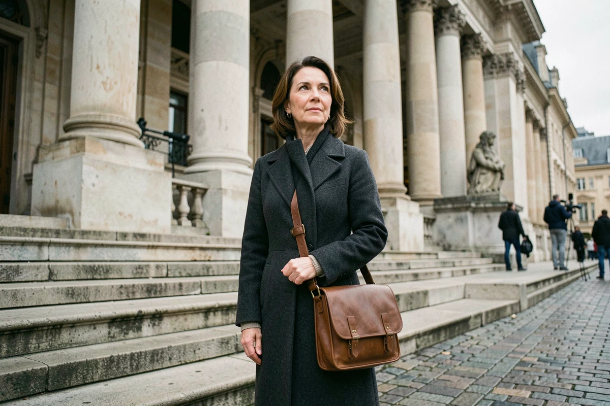 Journaliste de presse internationale devant un bâtiment institutionnel européen en reportage
