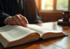 Main de juge tenant un livre de droit ouvert sur un bureau lumineux