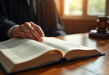 Main de juge tenant un livre de droit ouvert sur un bureau lumineux
