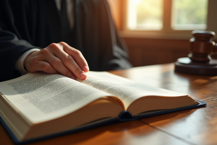 Main de juge tenant un livre de droit ouvert sur un bureau lumineux