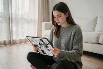 Jeune femme lisant un manga sur tablette, suivant les mises à jour d'Epsilone Scan dans un salon moderne