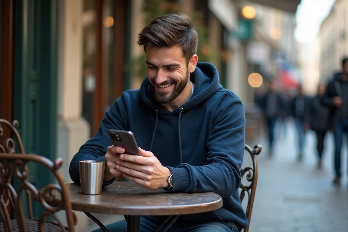 Homme lisant des scans manga en VF sur iPhone en terrasse de café parisien