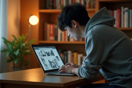 Jeune homme lisant un scan de manga sur ordinateur portable dans un appartement cosy entouré de volumes de manga
