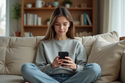 Jeune femme lisant des scans manga en VF sur son smartphone allongée sur un canapé