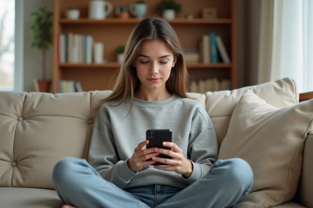 Jeune femme lisant des scans manga en VF sur son smartphone allongée sur un canapé