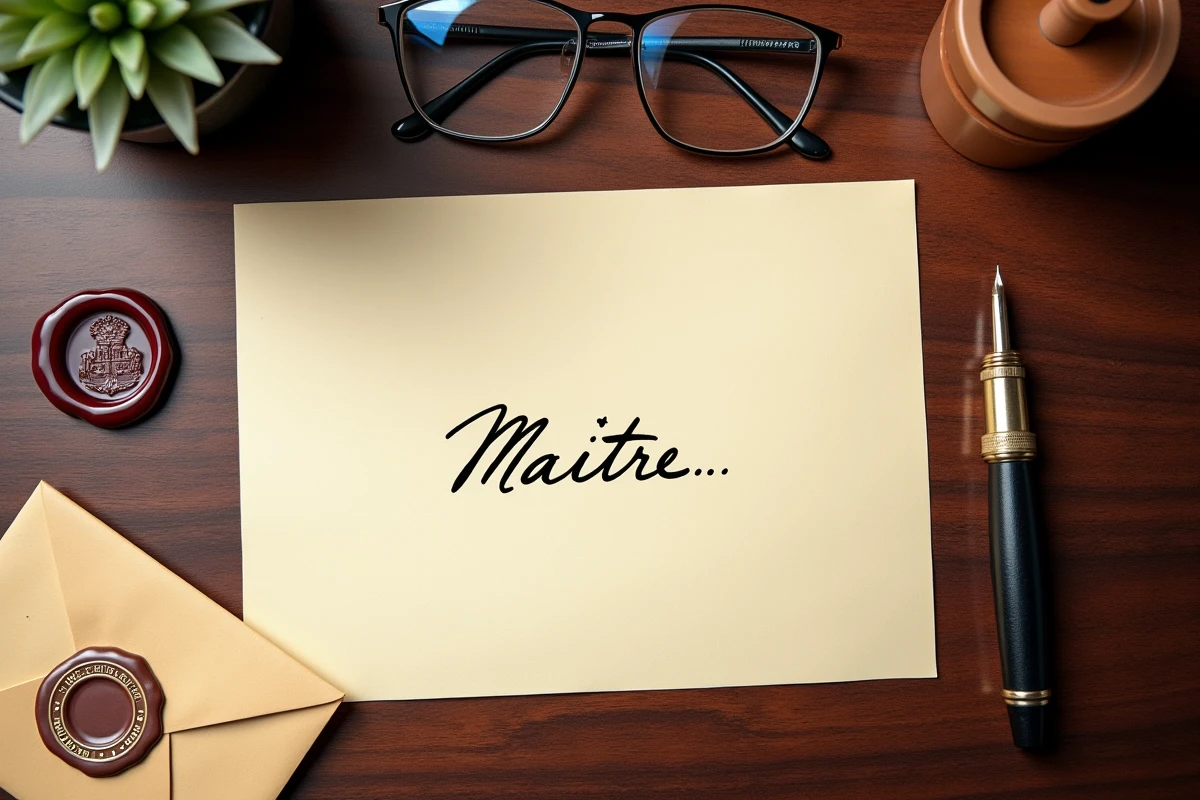 Lettre formelle adressée à 'Maître' posée sur un bureau en bois avec stylo plume et cachet de cire évoquant la correspondance notariale