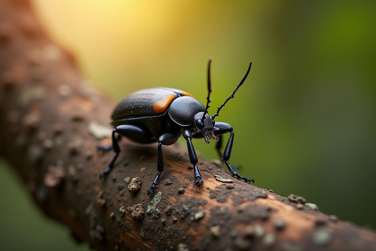 Lucane mâle sur tronc en lumière naturelle