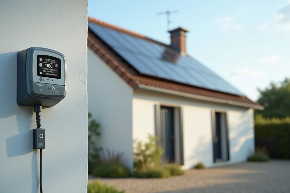 Maison individuelle française équipée de panneaux solaires avec compteur de production d'énergie visible en façade
