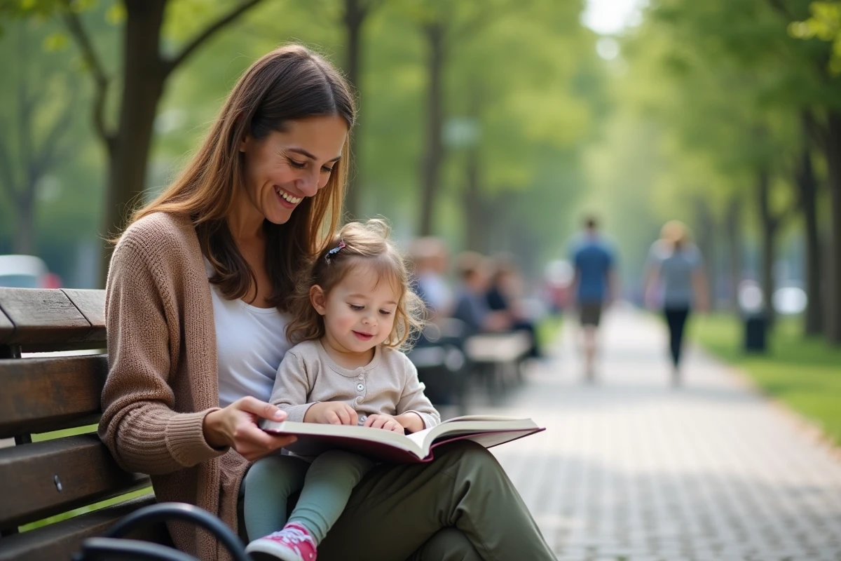 Maman lisant avec sa fille dans un parc urbain