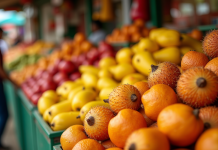 Vitrine colorée de fruits L du monde en lumière naturelle