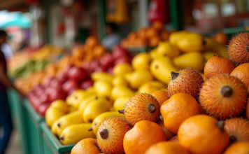 Vitrine colorée de fruits L du monde en lumière naturelle