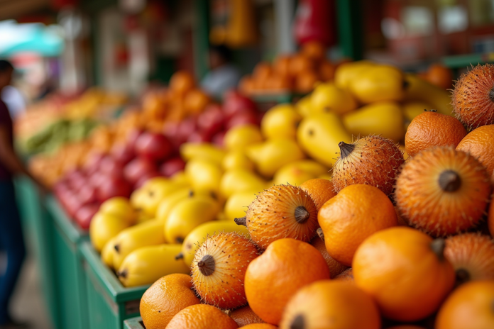 Vitrine colorée de fruits L du monde en lumière naturelle