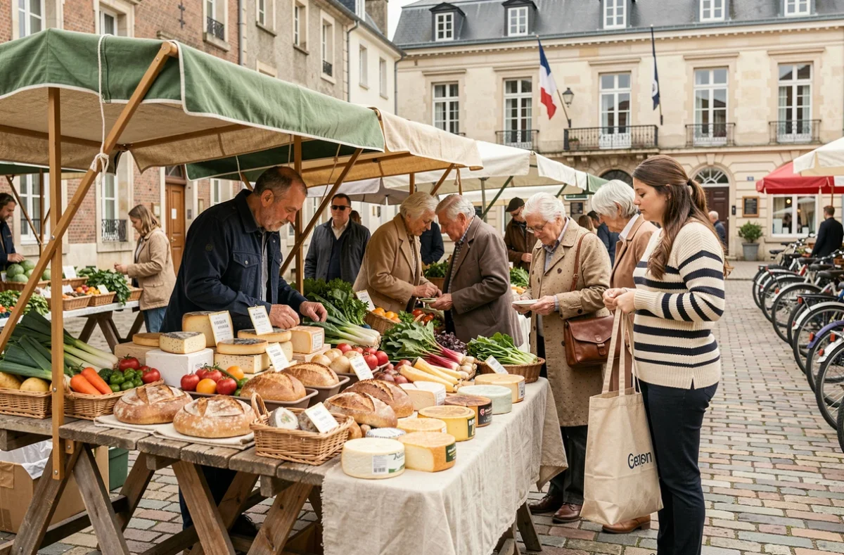 Marché hebdomadaire animé sur la place centrale de Sarralbe avec habitants et étals de produits frais