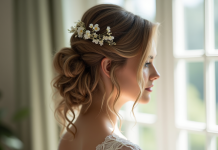 Mariée avec coiffure mi-longue ondulée et accessoires floraux